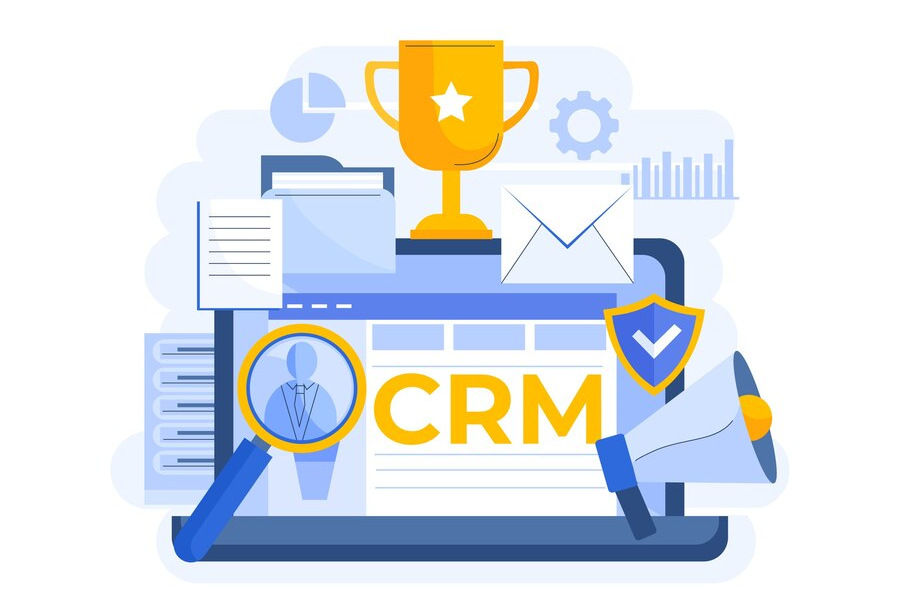 Златна купа на победител и златни букви CRM