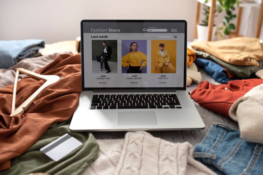 Online fashion store on laptop with clothes