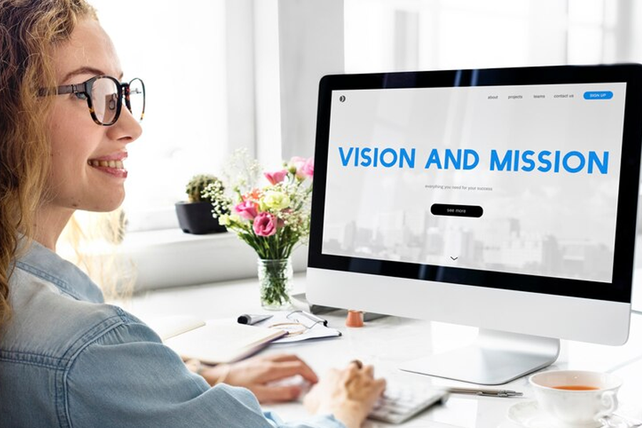 Mission and vision sign on a desktop monitor