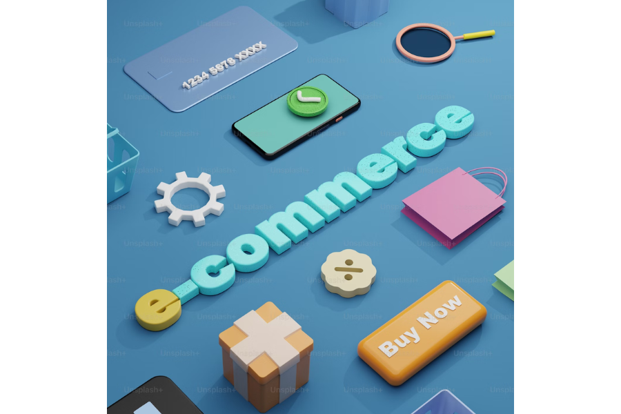 E-commerce themed icons on blue background