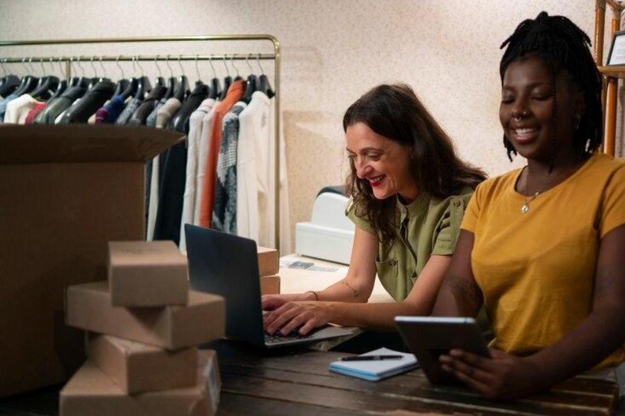 Women managing online store