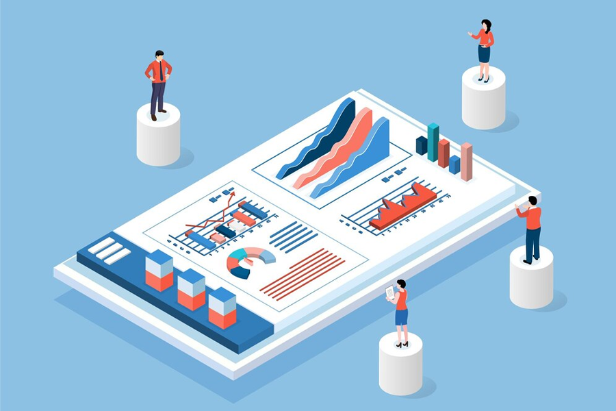 a graphic of people analyzing common metrics in e-commerce - visits vs unique visitors