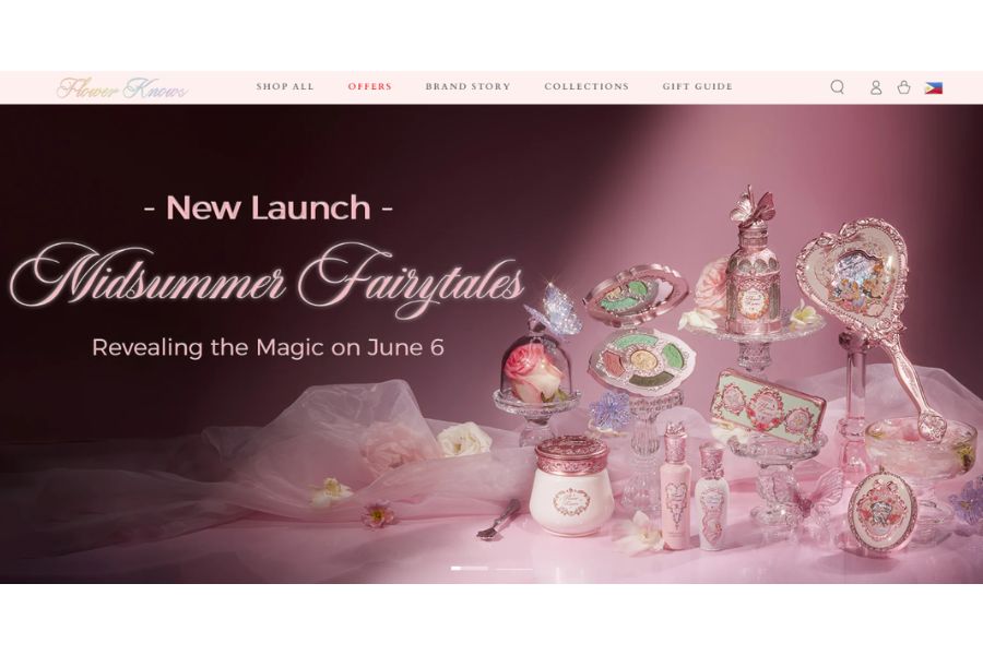 screenshot of the Flower Knows website showing fairytale-inspired makeup products like eyeshadows, mirrors, etc.